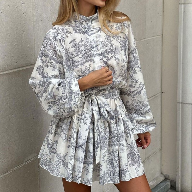 2025 Spring Independent Station New European and American Women's Elegant Elegant Fashion Long Sleeve Lace National Style Printed dress
