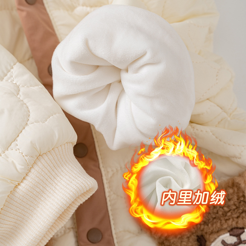 Ropa de bebé para otoño e invierno, conjunto de una pieza de algodón grueso con forro polar fino para niños, chaqueta de algodón con diseño de oso para recién nacidos, ropa para salidas de invierno.