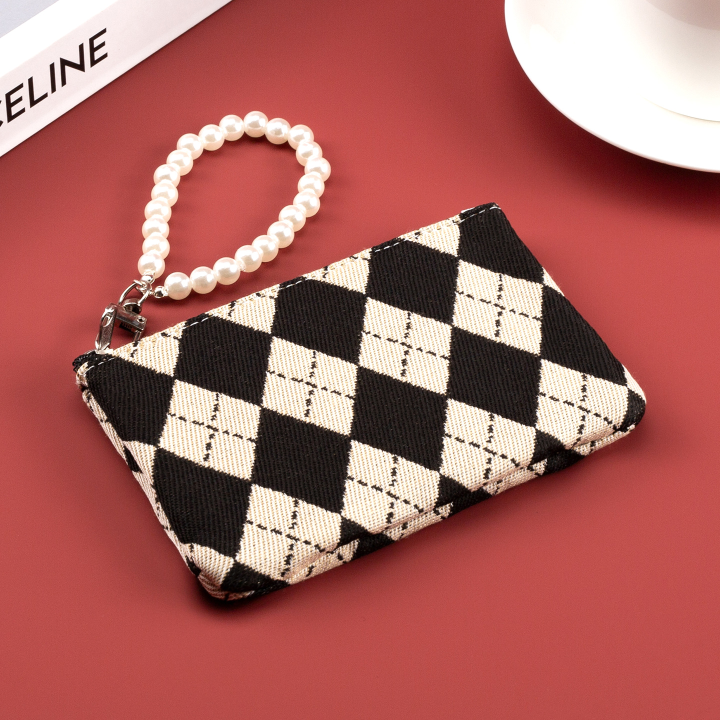 Comercio exterior de alto valor retrógrado bordado de diamante cuadrado bolso de cambio corto bolso de tarjetas compacto bolso de llaves portátil ligero