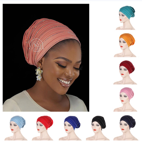 Alibaba.com Cross-border New Multicolor Pleated Beanie Air Layer Multi-layer Tube Hat Embellished with Gems