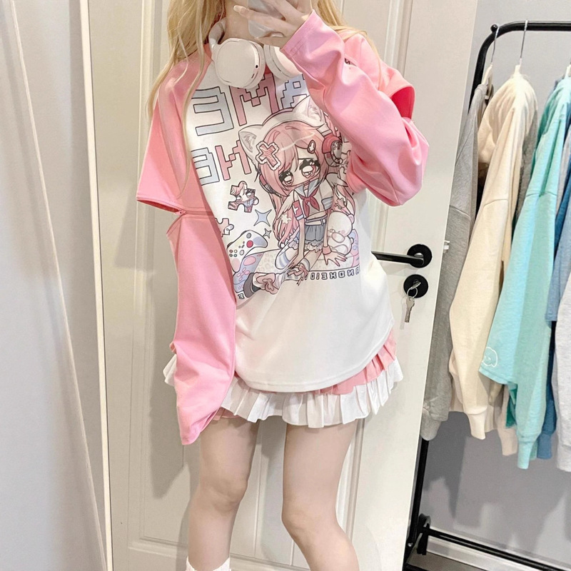 Japanese-Style Design Game Girl Long-Sleeve T-Shirt Pink Subculture Spring and Autumn Casual Loose Top Anime Japanese-Style Design Game Girl Long-Sleeve T-Shirt Pink Subculture Spring and Autumn Casual Loose Top Anime