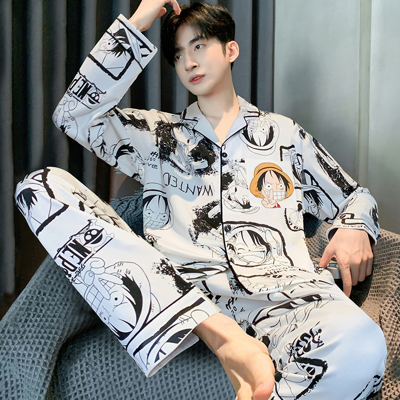 2025 New Cotton Men's Pajamas Cartoon Trendy Fashion Teenagers Long Sleeves Long Pants Home Clothes