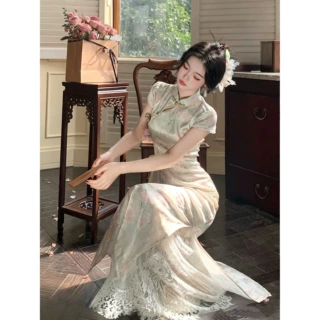 青烟粉黛温婉气质提花国风碎花收腰显瘦旗袍新中式长裙单旗袍其他