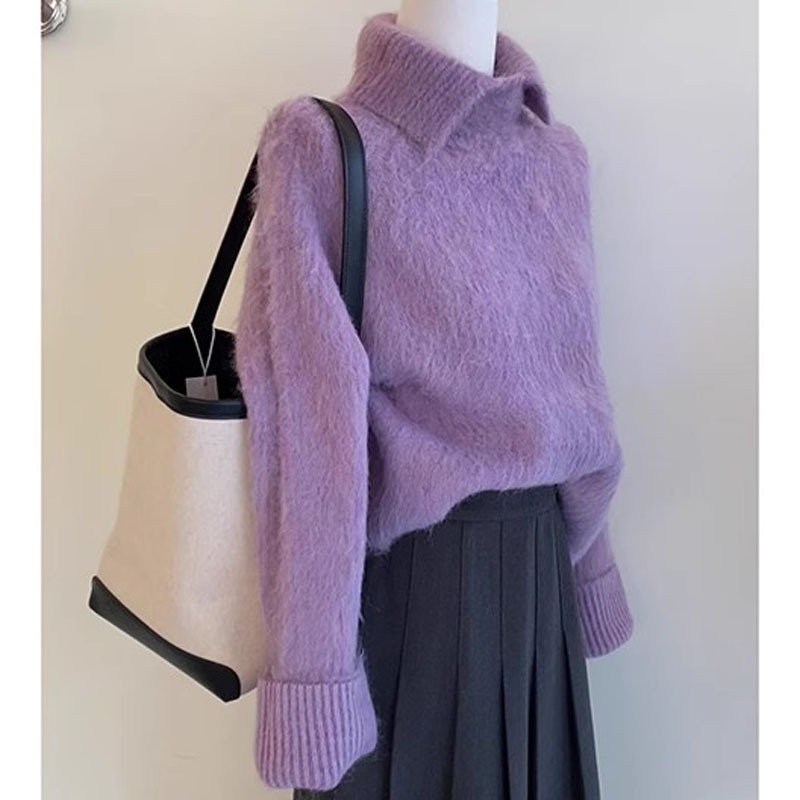 Taro Purple High-Neck Stand-Up Collar Polo Collar Pullover Sweater for Women, Autumn and Winter Thickened Knitwear for Outerwear