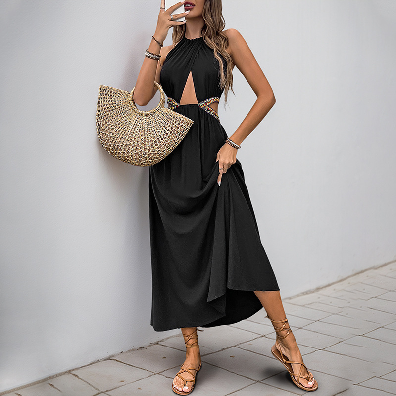 2026 nueva falda larga de verano transfronteriza europea y americana temperamento imperial hermana hueca cintura abierta sin mangas vestido de cuello colgante de mujer