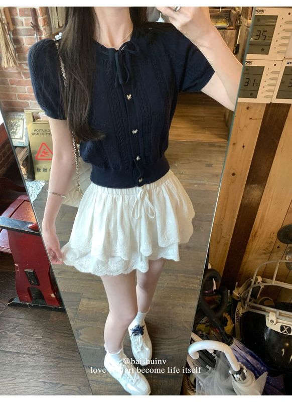 灰色镂空蝴蝶结系带针织衫短袖女2025夏季新款独特漂亮小个子上衣|undefined