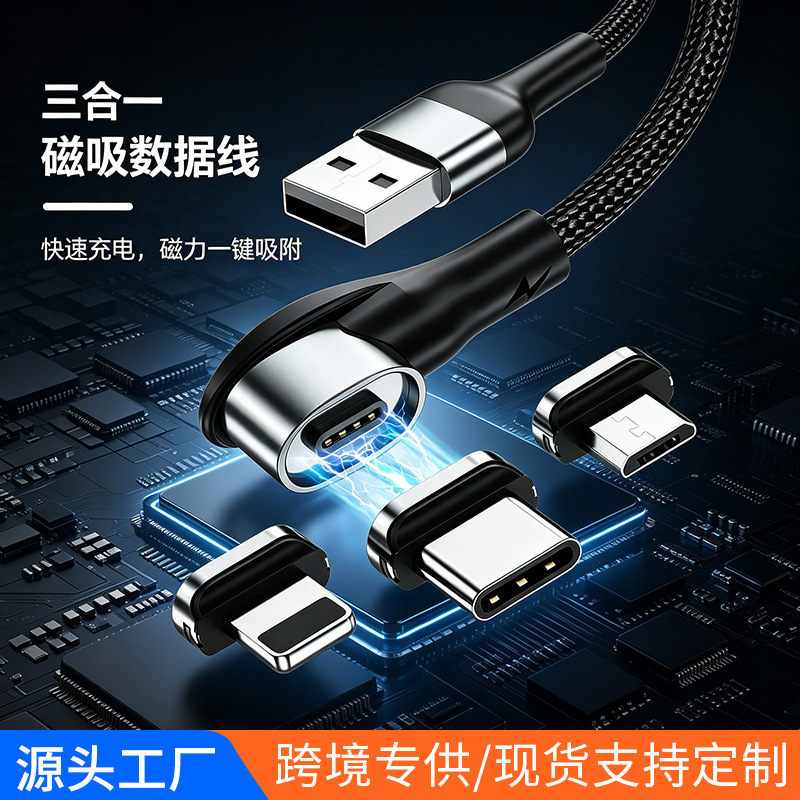 Spot Magnetic Data Cable Elbow USB to Type-C Three-In-One Suitable for Apple Android Mobile Phone 3A Fast Charging Cable