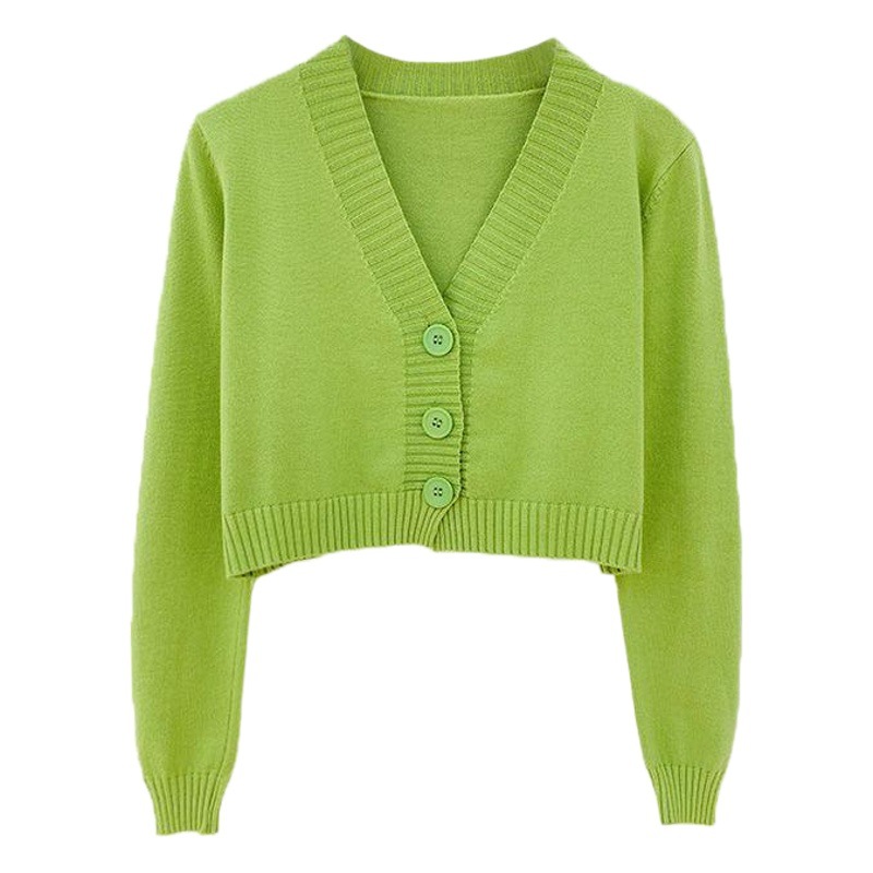Internet celebridad aguacate verde punto cardigan abrigo moda mujer corto cintura alta chal manga larga con cuello en V suéter exterior moda image 1