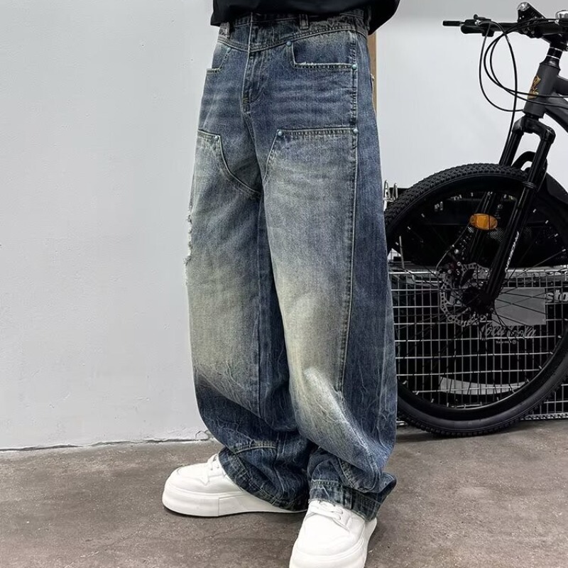 2024 Autumn and Winter Retro Washed Blue Logging Pants Cut Denim Pants European New Style Washed Frayed Straight Pants for Women