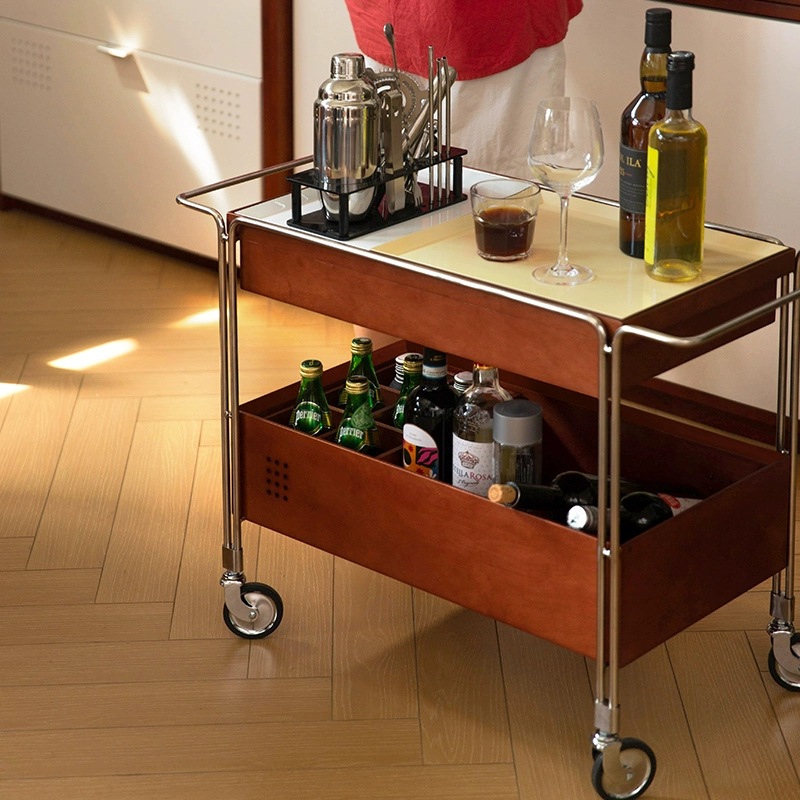 Cochecito de estilo medio, mesa lateral de sofá, retro nórdico, vintage, color de madera de cerezo, comedor, estante para sala de estar, mesa de centro móvil