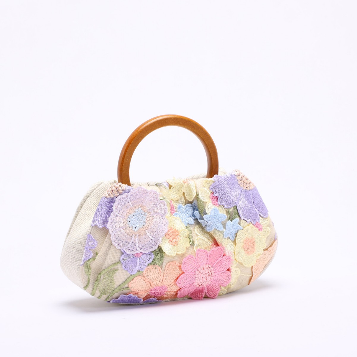 Circular Wooden Handle Bamboo Knot Bag With Floral Embroidery, Vacation Style Women's Handbag, Pearl And Sequin Evening Bag - Thumbnail 3
