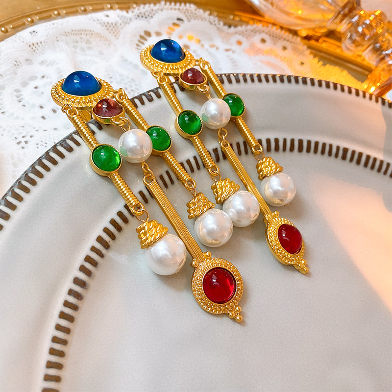 1 Pair Quantity 1 Pair Retro Geometric Color Block Plating Inlay Copper Artificial Pearls Rhinestones Drop Earrings