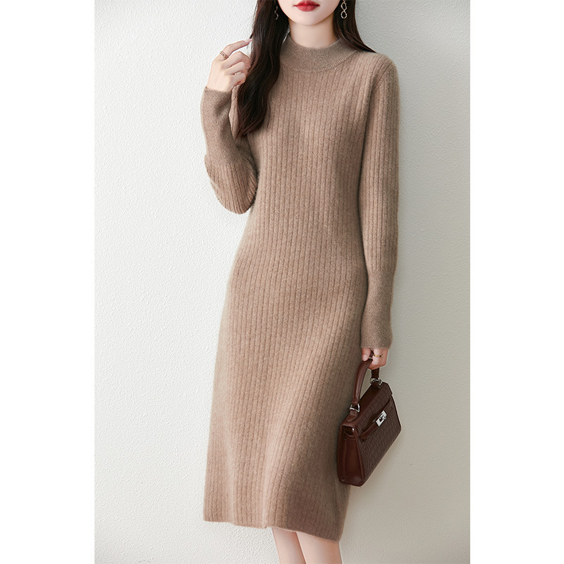 Mid-high Collar Pure Wool dress Women's Autumn and Winter Mid-length Slim-fit Base Wool Dress Simple All-match Elegant Cashmere Dress