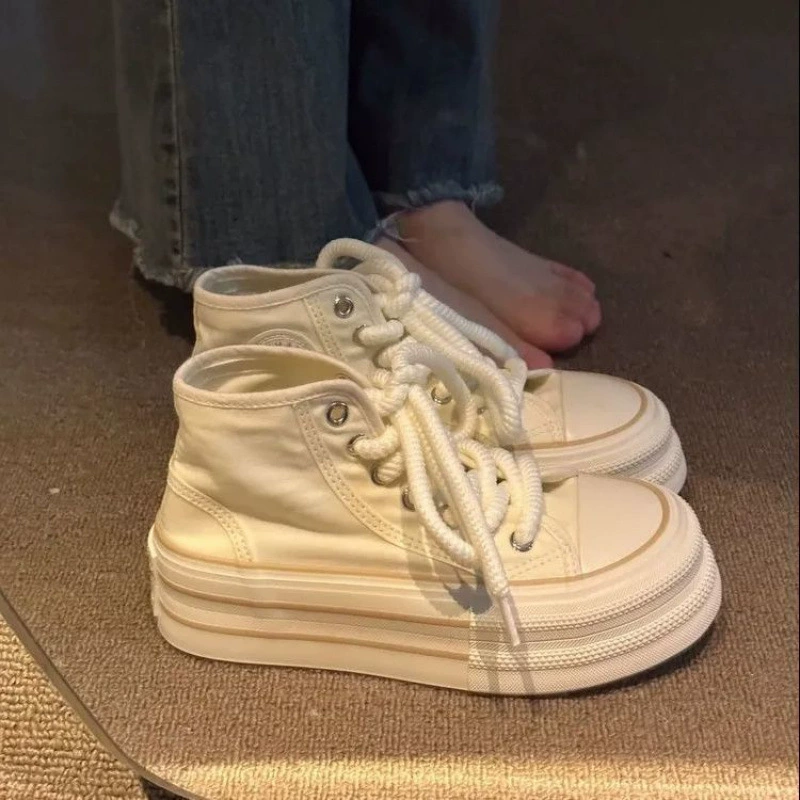 Juelaifei thick-soled breathable canvas shoes 2025 spring new versatile casual high-top canvas shoes for women