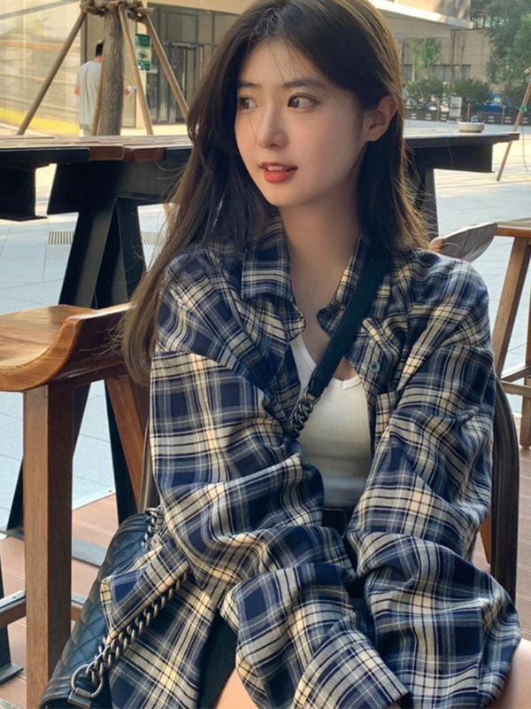 幂式穿搭格子衬衫女慵懒风复古宽松衬衣开衫外套防晒上衣薄款春秋|undefined