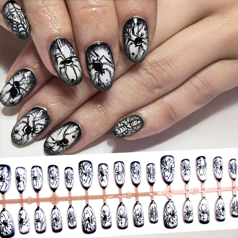 Black and White Spider Wearing Almond Nails Halloween Theme Nail Patches Cross-Border Export Ins Gothic Style Black and White Spider Wearing Almond Nails Halloween Theme Nail Patches Cross-Border Export Ins Gothic Style