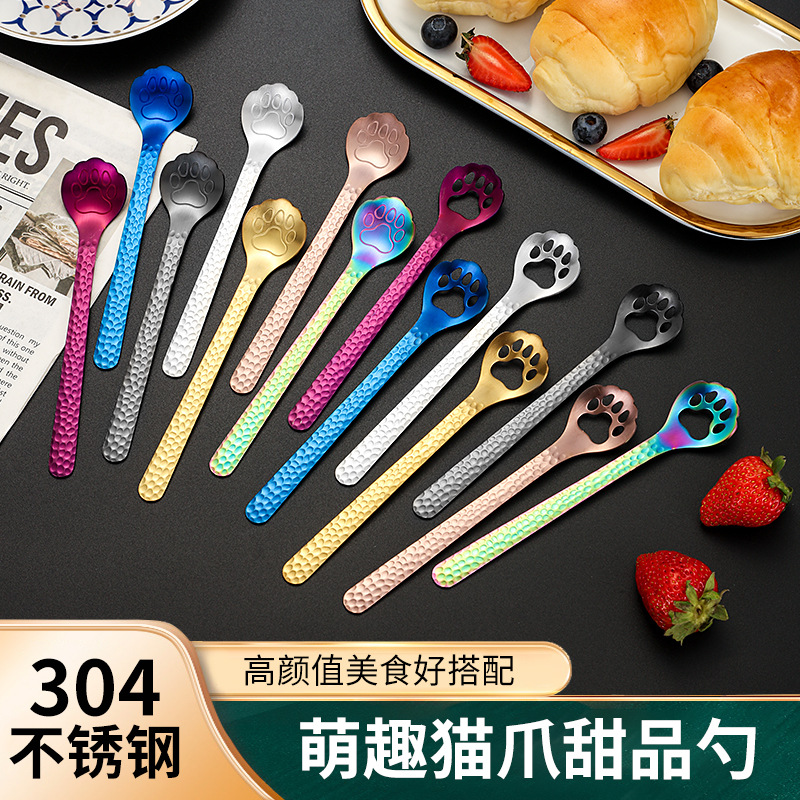Cuchara de garra de gato de acero inoxidable 304 Cuchara de hielo de mango largo Taza de mezcla de miel Cuchara de postre de café de helado al por mayor