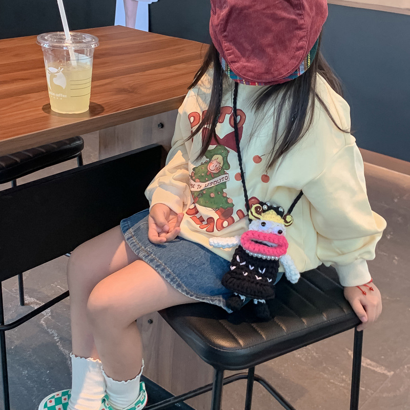 Pequeño, lindo, extraño, boca de salchicha, muñeca de cabello rizado, bolso de cambio, caricatura encantadora, bolso de gancho, nuevo bolso de lana para niños