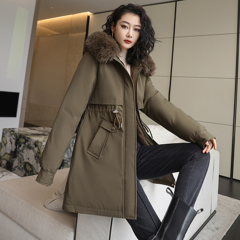 Comercio exterior ropa de algodón de mujeres mediana larga tirada para superar 2023 gran cuello encapuchado chaqueta de algodón de plumón de invierno abrigo cálido