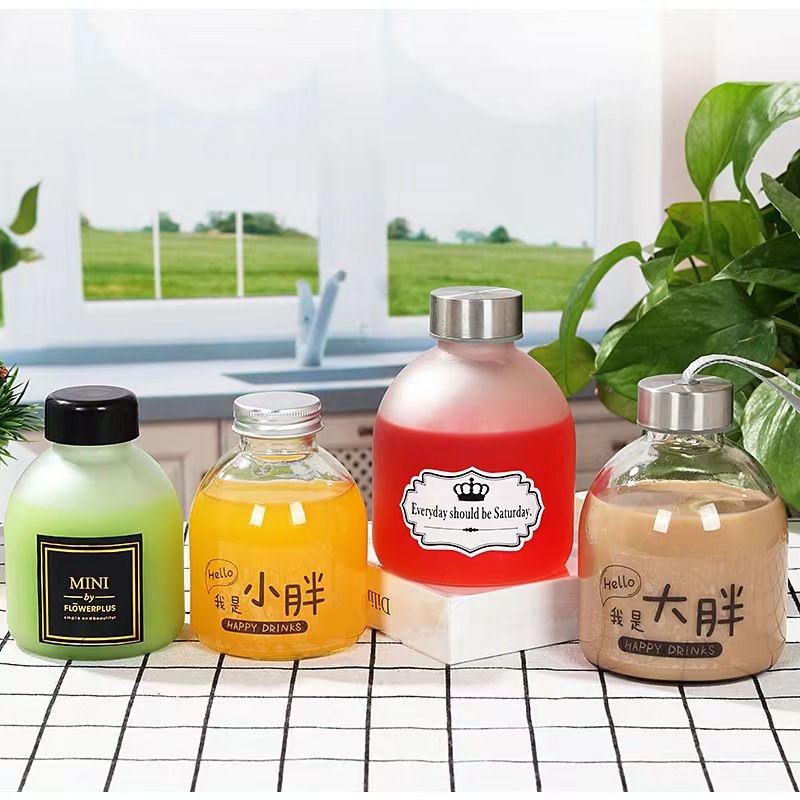 饮料瓶空瓶300ml500ml胖胖玻璃饮料瓶带盖密封咖啡奶茶大口果酒瓶