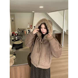 毛毛领毛衣开衫外套女秋冬新款显瘦落肩宽松显瘦软糯拉链针织衫潮