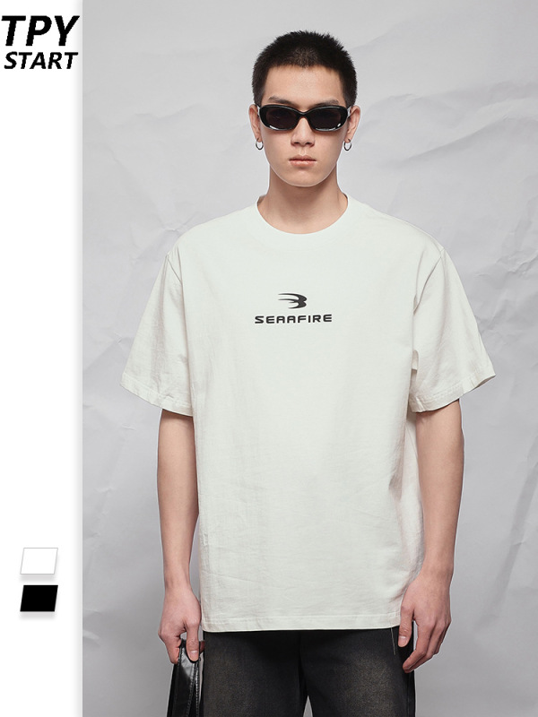 Qiaoshan 280G レトロレタープリント Tシャツメンズ夏イントレンドブランドストリートカップルルーズ半袖トップス|undefined
