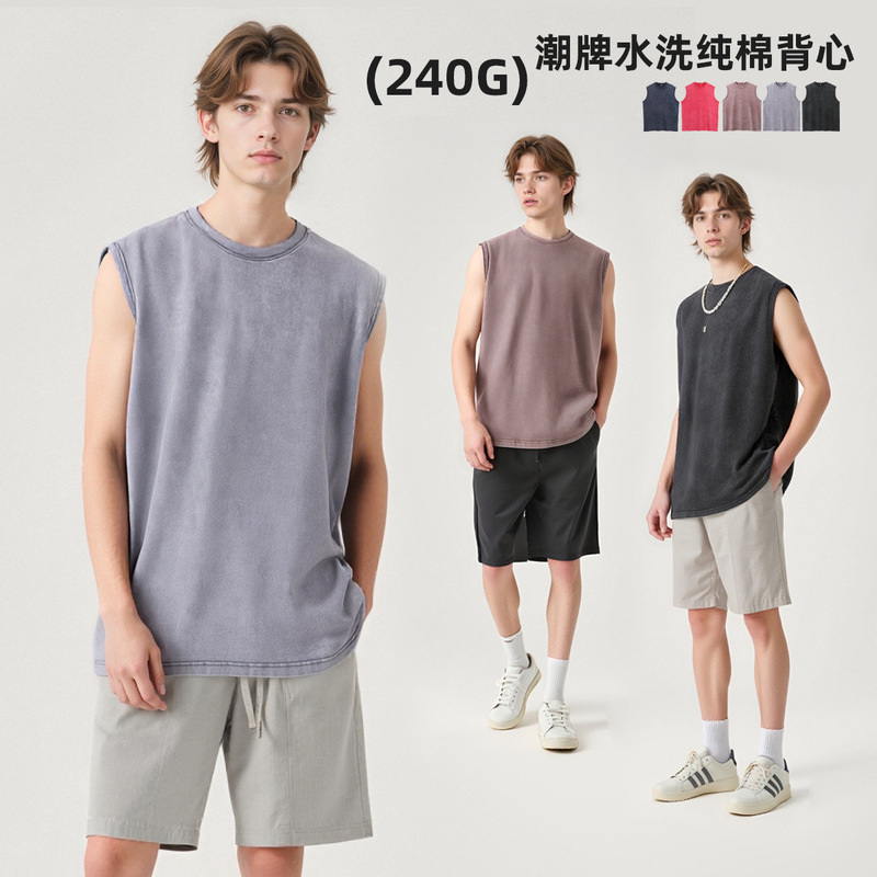 Cross-border American Trendy Heavy Cotton Washed Old Men's Vest Shoulder Solid Color Sleeveless Fashion Brand Vintage T-shirt