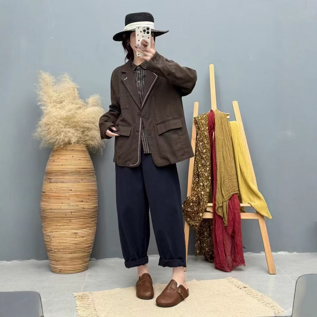 24-year-old Spring Suit Women's Long-sleeved Open Line Loose Casual Korean Style Cardigan Jacket Suit Cotton Linen Jacket College Style