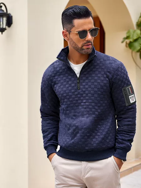 Cross-Border Export European and American Men's Casual Waffle Small Square Knitted Jacquard Quilted Zipper Pullover Stand Collar Sweatshirt