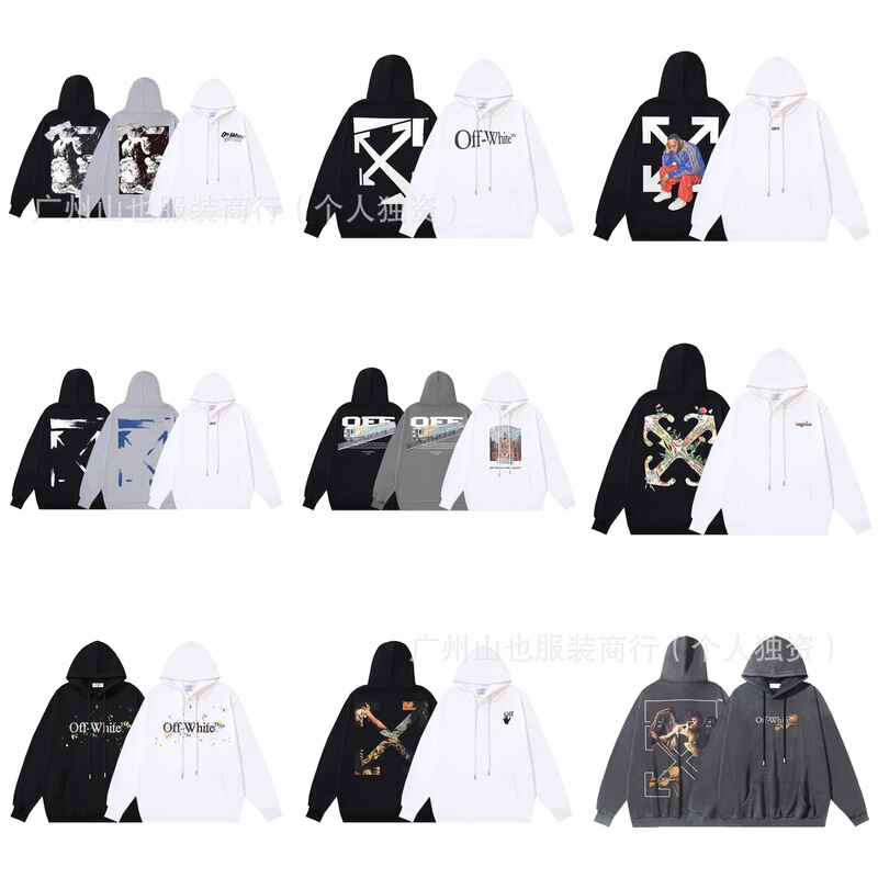 25 Foreign Trade In-Stock Off-White Trendy Brand Pure Cotton Heavyweight Terry Printed Crew Neck Hooded Sweatshirt Unisex 1