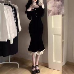 法式赫本风黑色丝绒连衣裙女秋冬高级感鱼尾包臀生日小礼服长裙子