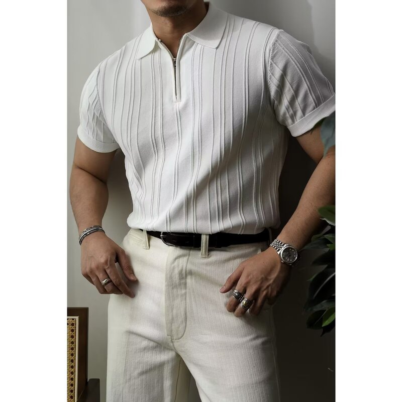 Zipper Knitted Short-Sleeved Polo Shirt for Men Summer American Retro Work Clothing Loose Vertical Stripesd Pit Lapel T-Shirt for Men