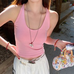 胸パッド付き女性用ピンクキャミソール 2025 新しい夏スタイルのインナーと美しいバックアウターボトムノースリーブトップ