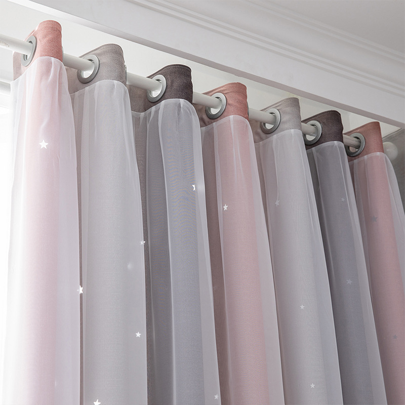 Morandi Gradient Stripe Hollow Stars Foreign Trade Cross-border Double-layer Integrated Shading Gauze Curtain Finished Hair