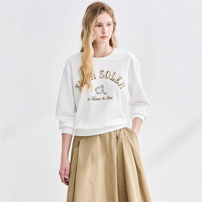 52555 Korean Lat Simple Round Neck Letter Lucky Little Fox Embroidered Sweatshirt Il2F8Tto161W