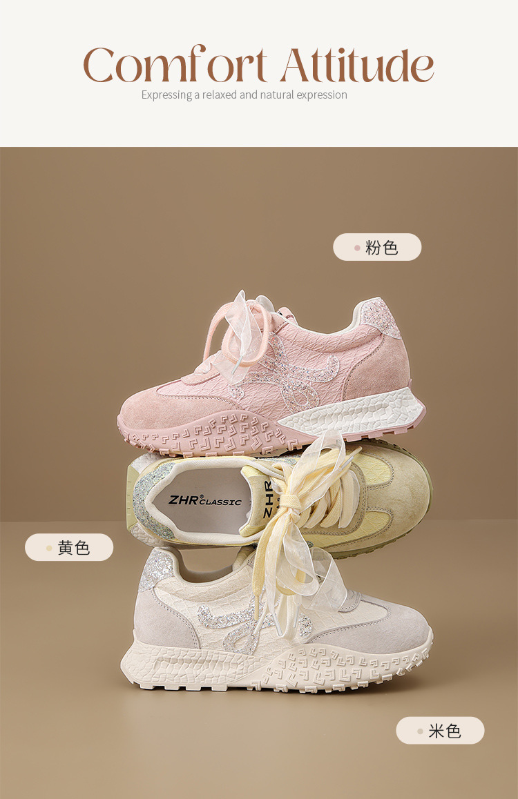 Giày sneaker nữ đế dày cổ điển mũi tròn dây buộc phong cách Đức huấn luyện — Màu hồng chi tiết 5