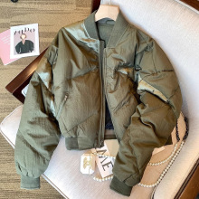 军绿色短款美式棒球服立领棉服外套女秋冬小个子宽松百搭夹克棉衣
