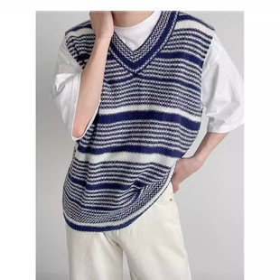 Spring and Autumn Ins Retro Lazy V-neck Sweater Vest Sleeveless Sweater Men's Striped Vest Design Top for Couple