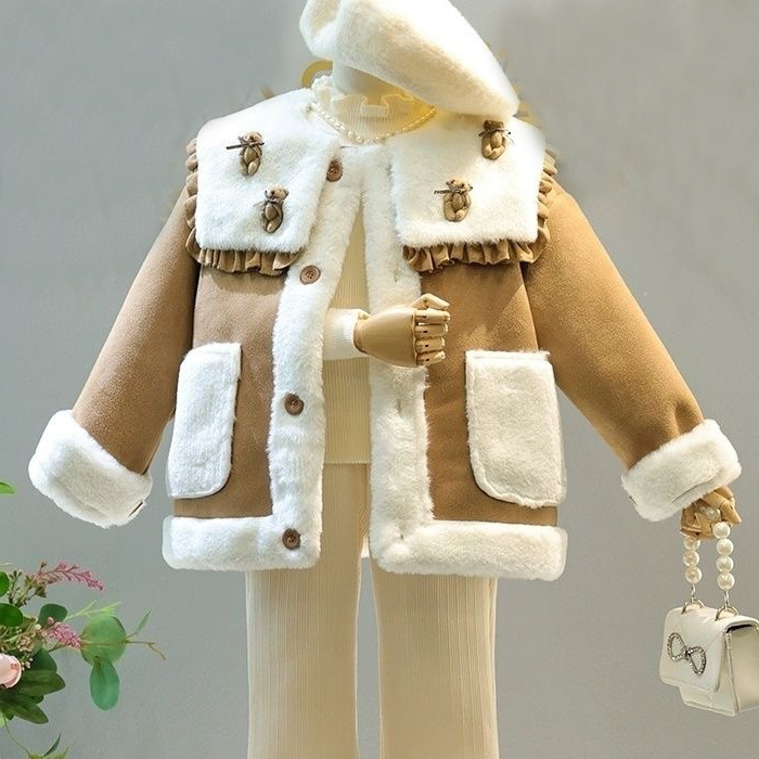Mergaičių žieminis kostiumas mergaičių kailiukas viename korpuse plius vilnos storos paltinės kelnaitės dviejų dalių komplektas_voghion.com