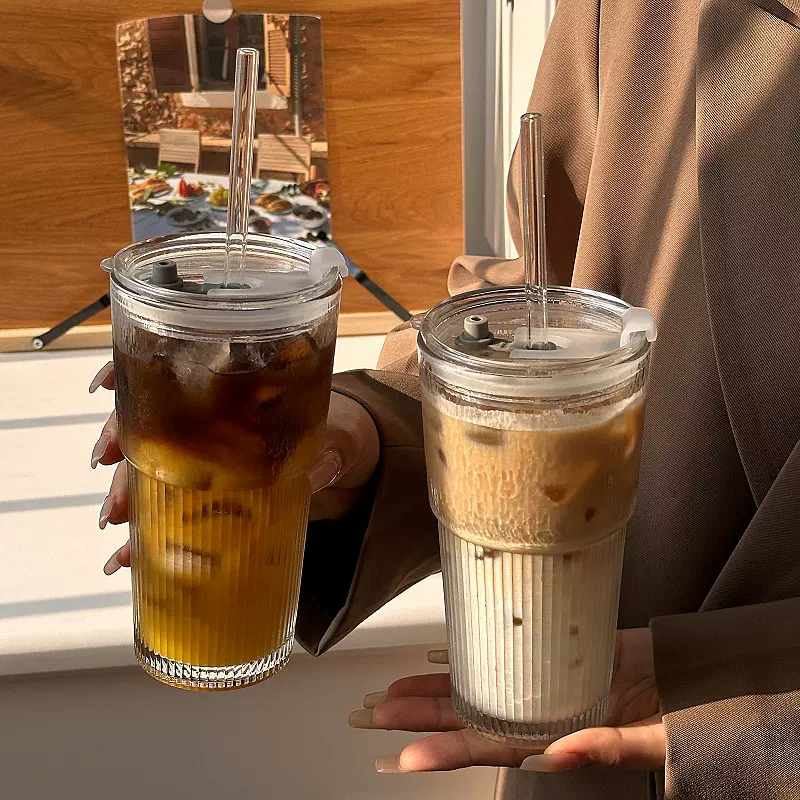 新款带盖竖纹锤纹竹节杯高颜值吸管玻璃杯礼品杯办公室咖啡杯水杯