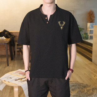 Short-sleeved T-shirt Men's Summer Linen Half-sleeved T-shirt Base Shirt Men's New Deer Head Embroidered Half-sleeve