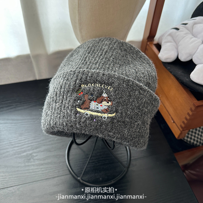 卡通可爱刺绣滑板小狗针织帽子女秋冬季保暖百搭慵懒显脸小包头帽|undefined