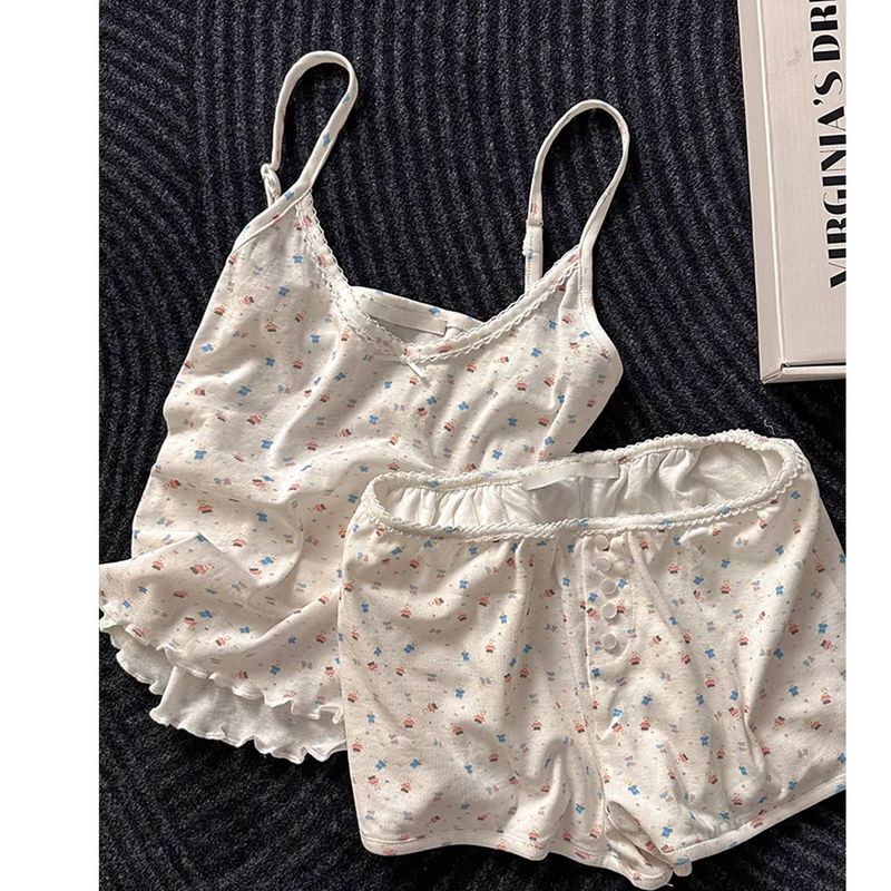 甜美少女小碎花吊带短裤睡衣女夏季蕾丝花边拼接大码家居服套装潮|undefined
