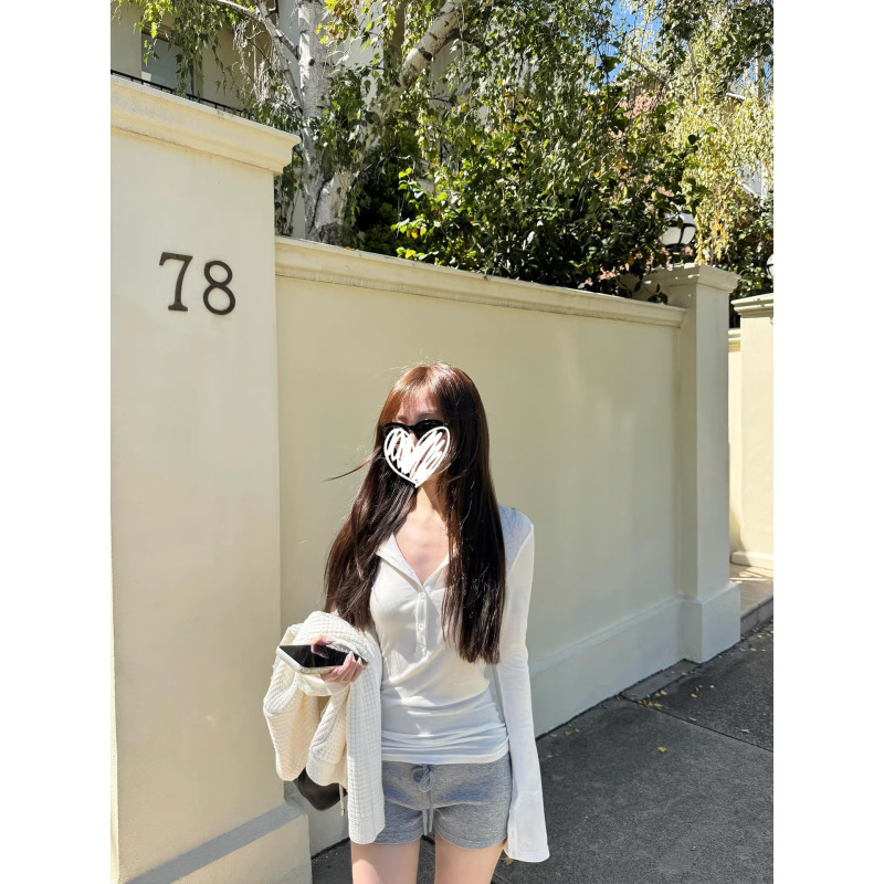 Yuyu Lenzing Tencel Wool Henley Collar Multi-Button Long-Sleeved T-Shirt Slim Fit V-Neck Pure Desire Top for Women