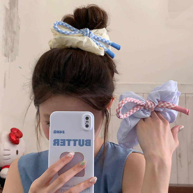 女子大生！ピンクとブルーのチェック柄の結び目リボン、おなかの輪、ヘアロープ、ふわふわ雲のヘアゴム、ヘッドバンド、ボールヘアゴム|undefined