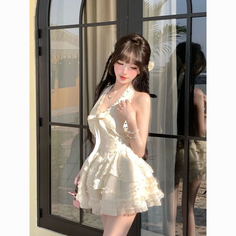 Spring New French-Style Niche Waist-Cinching Princess Halter Neck Apricot Dress + Apricot Cardigan Set for Women