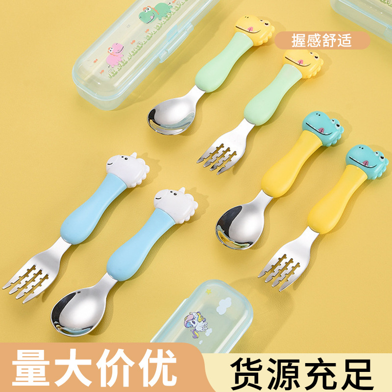 Baby Infant Portable Tableware Cartoon Dinosaur Stainless Steel Spoon Fork Children's Complementary Food Spoon Cute Spoon