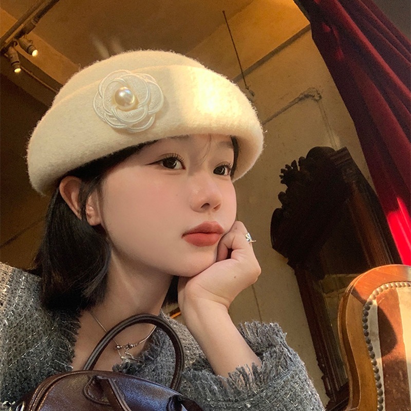 法式赫本风山茶花礼帽女气质秋冬优雅贝雷帽千金风显脸小画家帽子|undefined