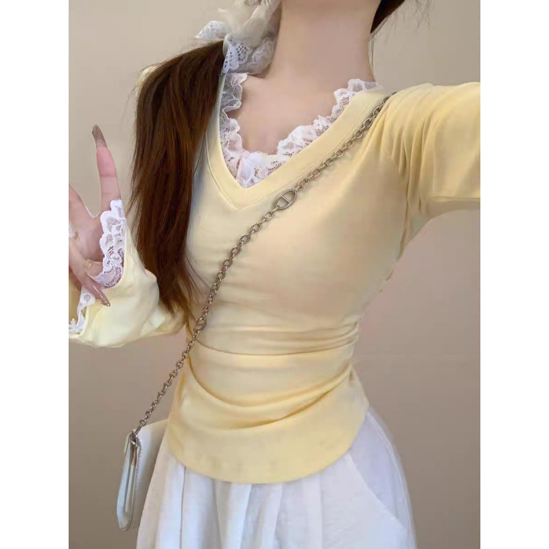 純綿ミルクイエローレースステッチVネックボトリングシャツ女性用春純粋な欲望甘いホットガールスリムフィットインナー長袖トップ|undefined