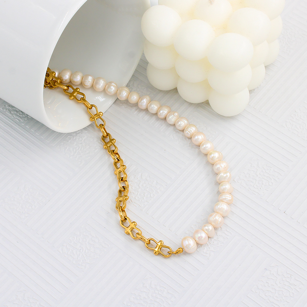 Fashion Color Block Pearl Titanium Steel Plating Bracelets Necklace 1 Piece